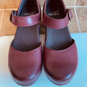 Dansko Clogs: Burgundy Leather Mary Jane Clogs and Stud Details (EU Size 37)